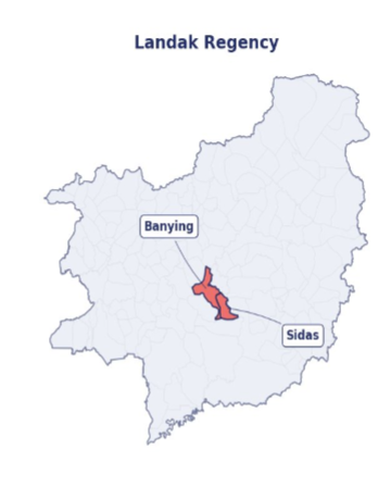 Landak Regency map with Banying and Sidas villages highlighted