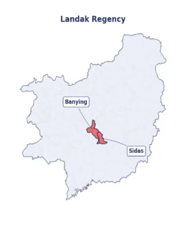 Landak Regency map with Banying and Sidas villages highlighted