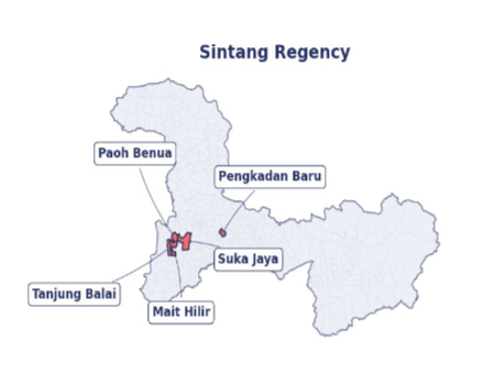 Sintang Regency map with Paoh Benua, Pengkadan Baru, Suka Jaya, Tanjung Balai and Mait Hilir villages highlighted
