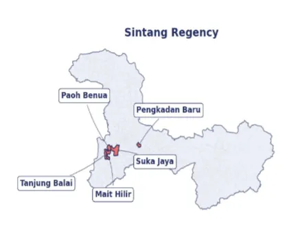 Sintang Regency map with Paoh Benua, Pengkadan Baru, Suka Jaya, Tanjung Balai and Mait Hilir villages highlighted